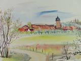 a watercolor painting of a village with a church in the background