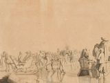 dessin représentant un groupe de personnes debout autour d'un bateau sur un plan d'eau