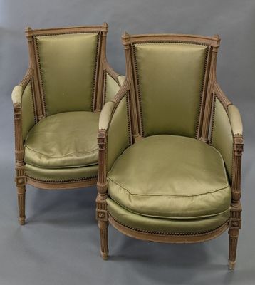 pair of french louis xvi style armchairs with green velvet upholstered seats