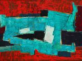 abstract painting of blue and red shapes on a red background