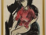 painting of a woman sitting on a chair in a red shirt