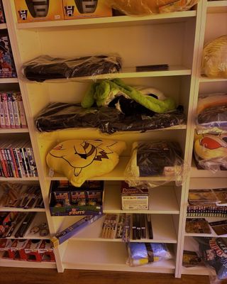 une bibliothèque remplie d'objets divers dans une pièce
