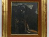 l'image d'un tableau représentant un homme avec un chien en laisse