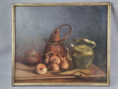 a painting of a still life with a teapot and other items