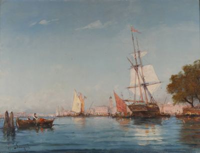 peinture représentant des bateaux sur un plan d'eau, avec une ville en arrière-plan