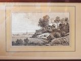 framed picture of a landscape with a house and a river