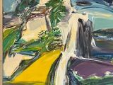 painting of a landscape with a waterfall in the middle of the painting