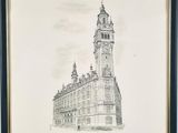 drawing of a building with a clock tower in the middle of it