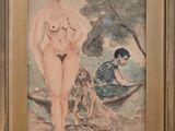 an image of a painting of a woman in a bathing suit standing next to a dog