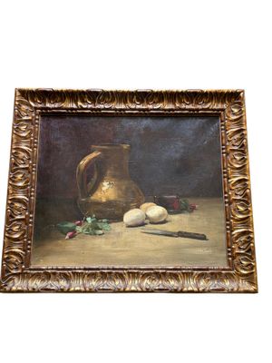tableau représentant une nature morte avec un pichet et des œufs posés sur une table