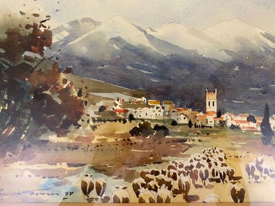 a painting of sheep in a field with mountains in the background