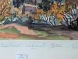 a picture of a watercolor painting of a house in the woods