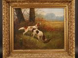 a painting of two dogs in a field with a tree in the background
