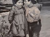 two children standing next to each other on a sidewalk