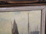 a picture of a painting of a sailboat in a harbor