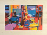 a painting of a woman sitting in a chair in front of a television