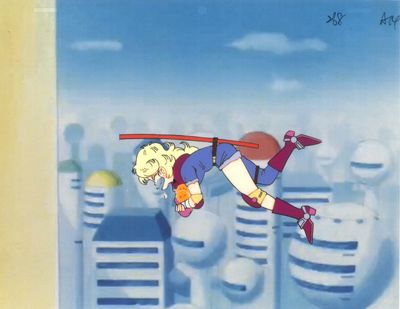 illustration de bande dessinée représentant une femme volant dans les airs avec une épée