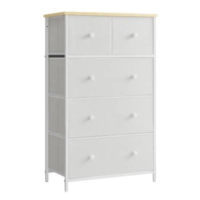a white dresser with four drawers and a wooden top