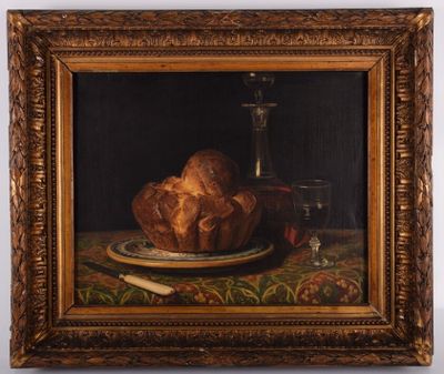 tableau représentant une nature morte avec du pain et du vin sur une table