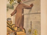 un vieux livre sur lequel figure l'image d'un homme debout sur un rebord
