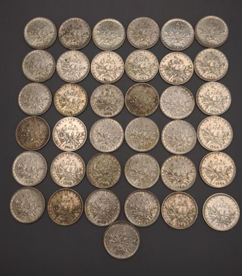 Lot de pièces de 5 francs en argent type Semeuse