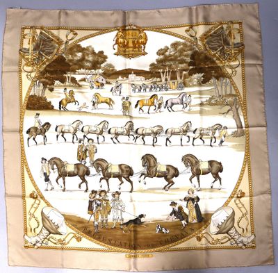 a picture of a scarf with a picture of horses and people