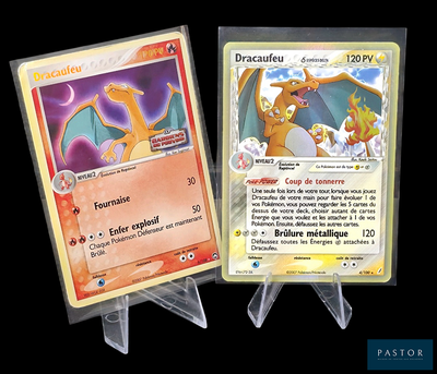 deux cartes pokemon posées l'une sur l'autre sur une table