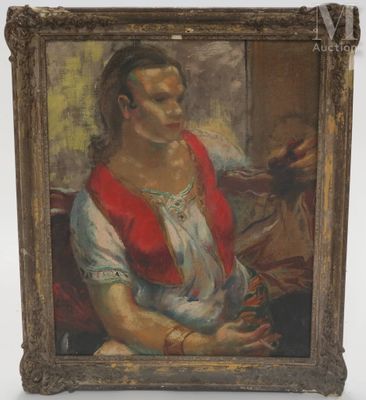 une peinture à l'huile représentant une femme vêtue d'un gilet rouge, assise sur un canapé