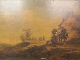 painting of a group of people riding on a horse drawn carriage