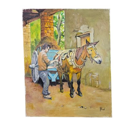 un tableau représentant un homme debout à côté d'un cheval