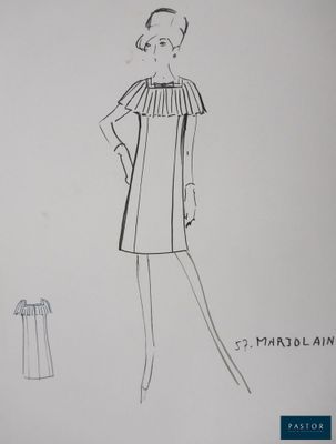a drawing of a woman in a dress and a stool