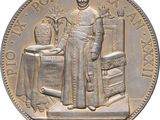 a close up of a coin with a man standing in front of a table