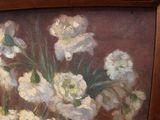 a painting of white flowers in a vase on a table