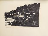 un dessin en noir et blanc d'un bateau dans l'eau