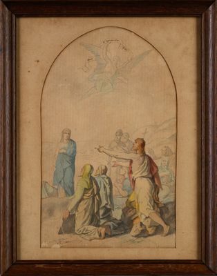 un vieux tableau représentant un groupe de personnes dans un champ