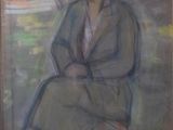 une peinture à l'huile représentant une femme assise sur une chaise dans une pièce