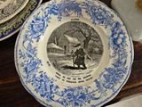 a blue and white plate with a picture of a woman on it
