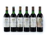 six bottles of wine are lined up in a row on a white surface