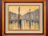 une peinture à l'huile représentant des personnes marchant sous la pluie dans une rue de la ville