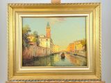 an oil painting of a boat on a river with buildings in the background