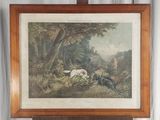 une vieille photo représentant une peinture d'un homme et d'un chien dans un environnement boisé