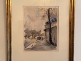 framed watercolor painting of a landscape with a tree in the foreground