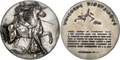 an image of a silver medal with a horse and rider on it
