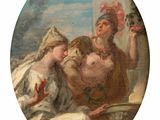 an image of a painting of two women and a cat