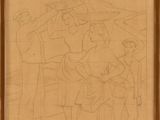 a drawing of a group of people standing in front of a wall
