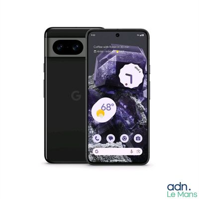 un gros plan d'un téléphone Google Pixel noir sur fond blanc