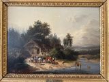 un tableau représentant un groupe de personnes et de chevaux au bord d'une rivière