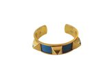 a gold and blue cuff bracelet with pyramids