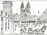 an image of a drawing of a horse drawn carriage in front of a building