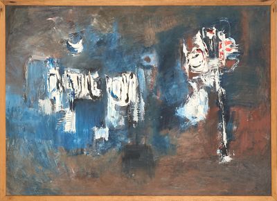 a painting on the wall of a room with a vase of flowers in it